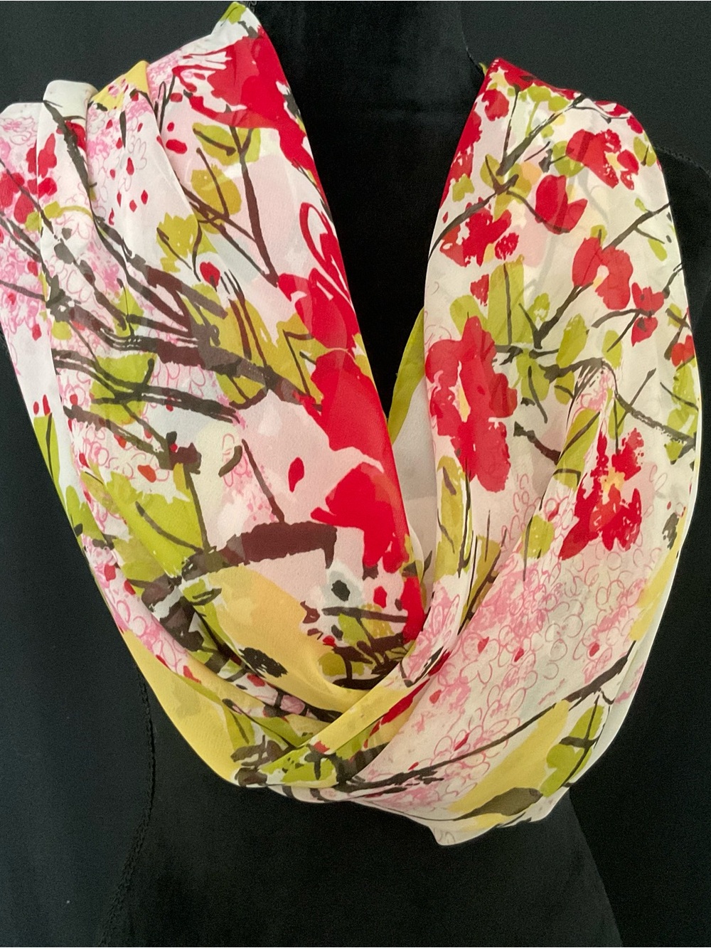 Floral Lightweight Infinity Scarf - Red, Green & White 44”x 44”